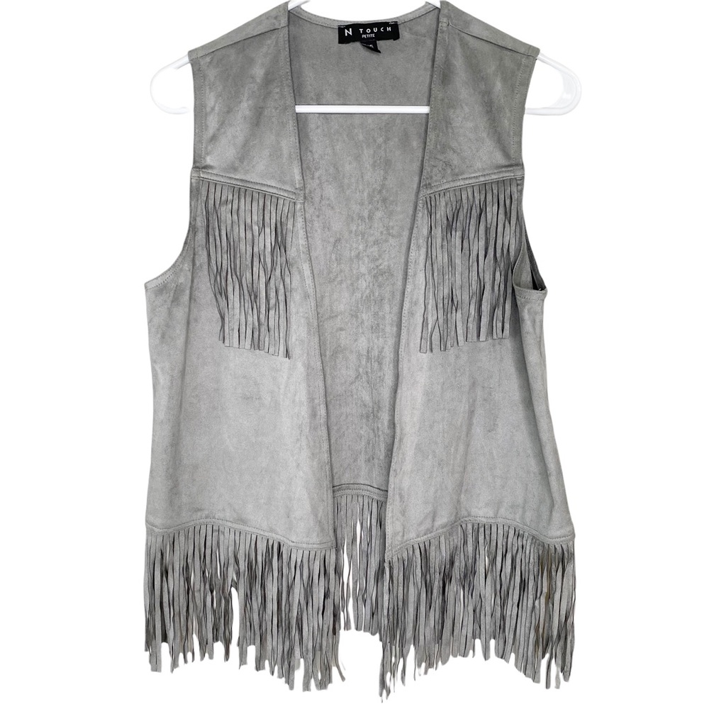 N Touch Western Cowgirl Fringed Vest Gray Faux Suede Women’s Petite - Picture 1 of 4